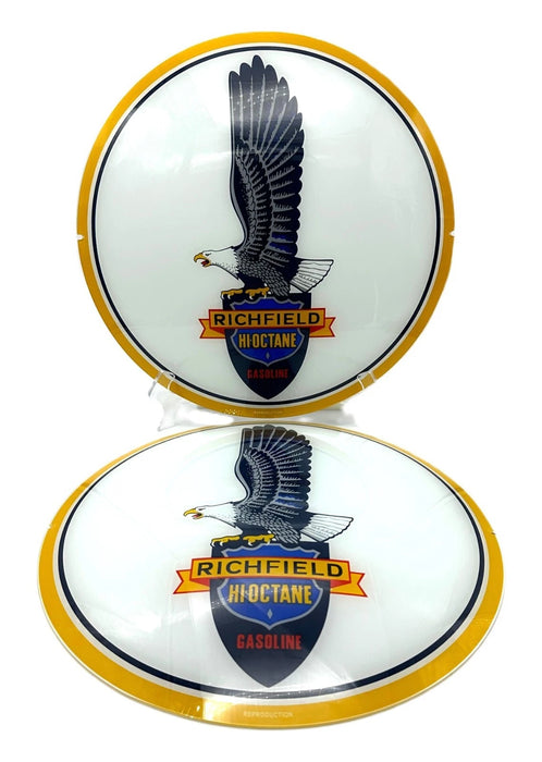 RICHFIELD HI-OCTANE LARGE EAGLE 13.5" GLASS FACES FOR GAS PUMP GLOBE (SET OF 2)