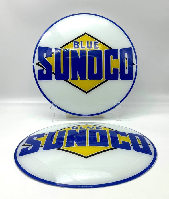 SUNOCO BLUE PRE-1941 BLACK DIAMOND 13.5" GLASS FACES FOR GAS PUMP GLOBE (SET OF 2)
