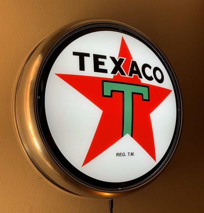 TEXACO STAR GAS PUMP GLOBE FACE ALUMINUM WALL MOUNT DISPLAY w LED LIGHTING